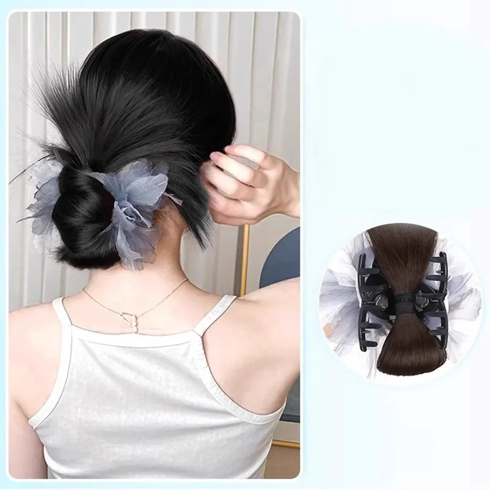 สังเคราะห์ Chignon ใหม่ Blue Feather ไก่ Feather Bun คลิปวิกผมปุยธรรมชาติดอกไม้ Bud หัววิกผมสุภาพสตรี