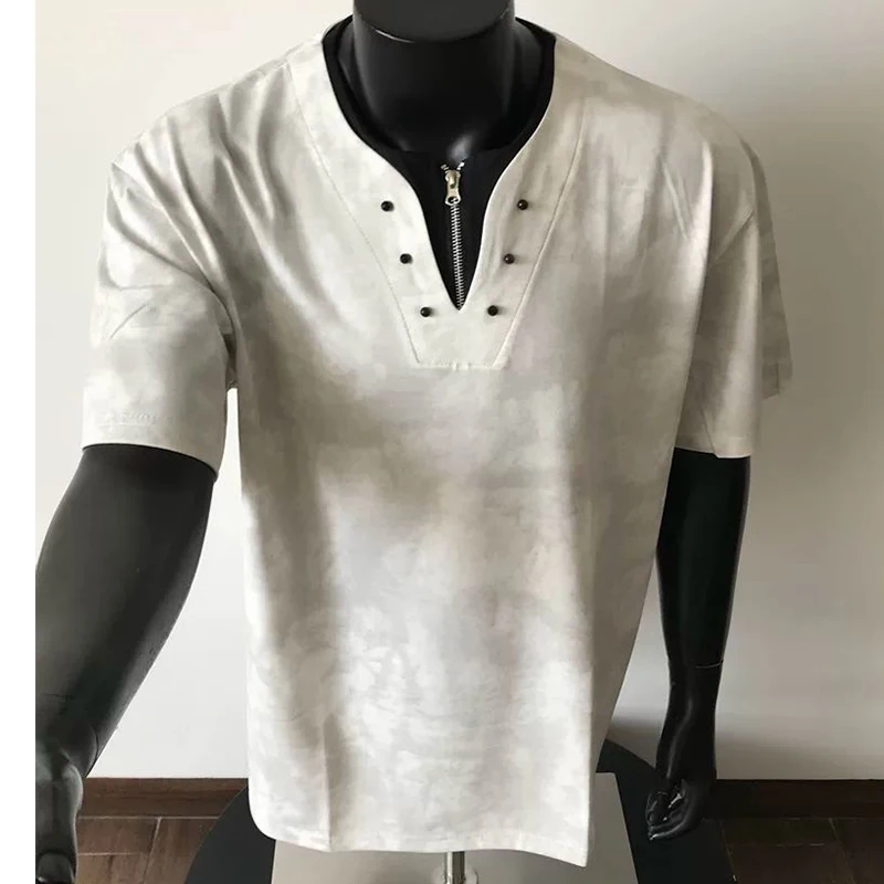 Men Dirty Wash Half Zip Fake Two Piece T Shirt 2026 Summer American Streetwear Loose V Neck Short Sleeve Casual Teen Layer Tops