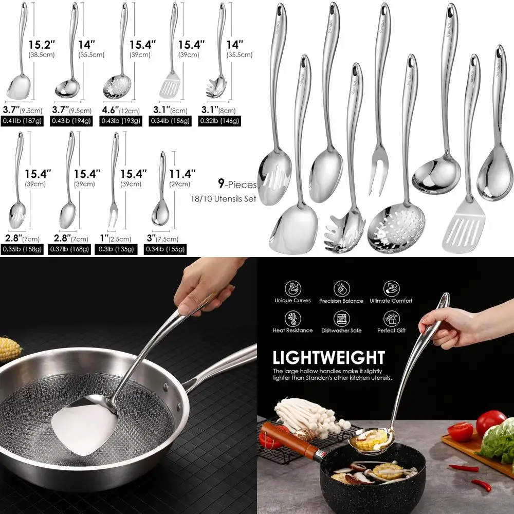 

9-Piece 304 Stainless Steel Kitchen Tool Set: Serving, Cooking, Spatulas, Ladle, Skimmer, Spaghetti Spoon