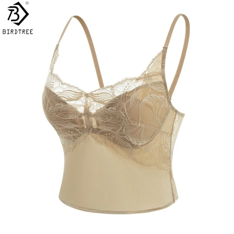 Birdtree, 19MM 93% Real Silk 7% Spandex Tank Top, with Bra Padding Sling Vest, Woman French Style Basics Casual Tops T61014JF