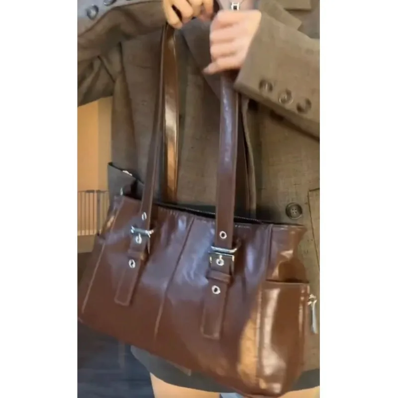 JIAERDI Vintage Braun Schulter Tasche Frauen Retro Heißer Mädchen Pu Leder Große Kapazität Tote Tasche Weibliche Harajuku Ästhetische Handtasche