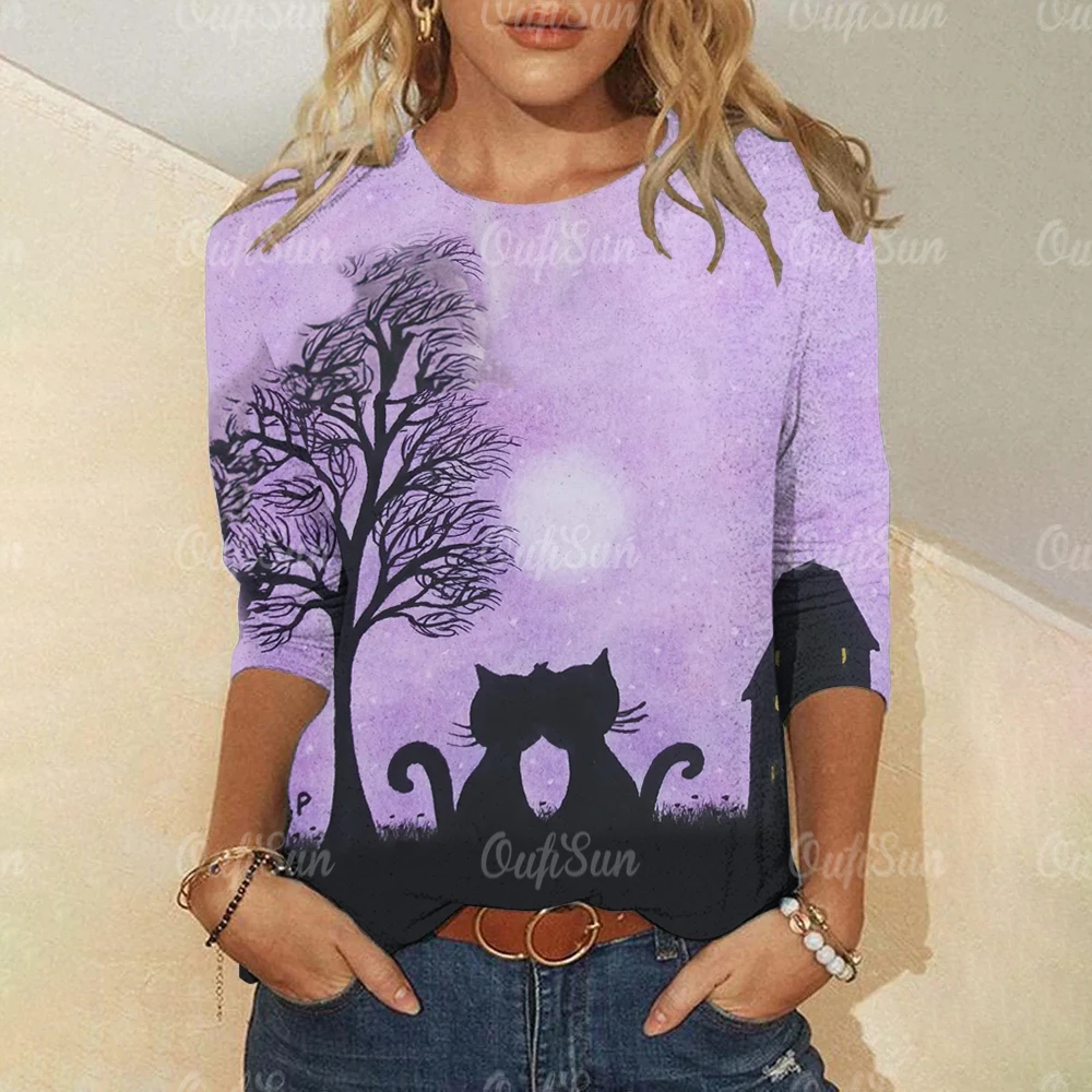 Cartoon Cat Print 2024 New Long Sleeves T shirts Autumn Fashion Women's Sweatshirts Casual Loose Female T-shirt Clothing Tops