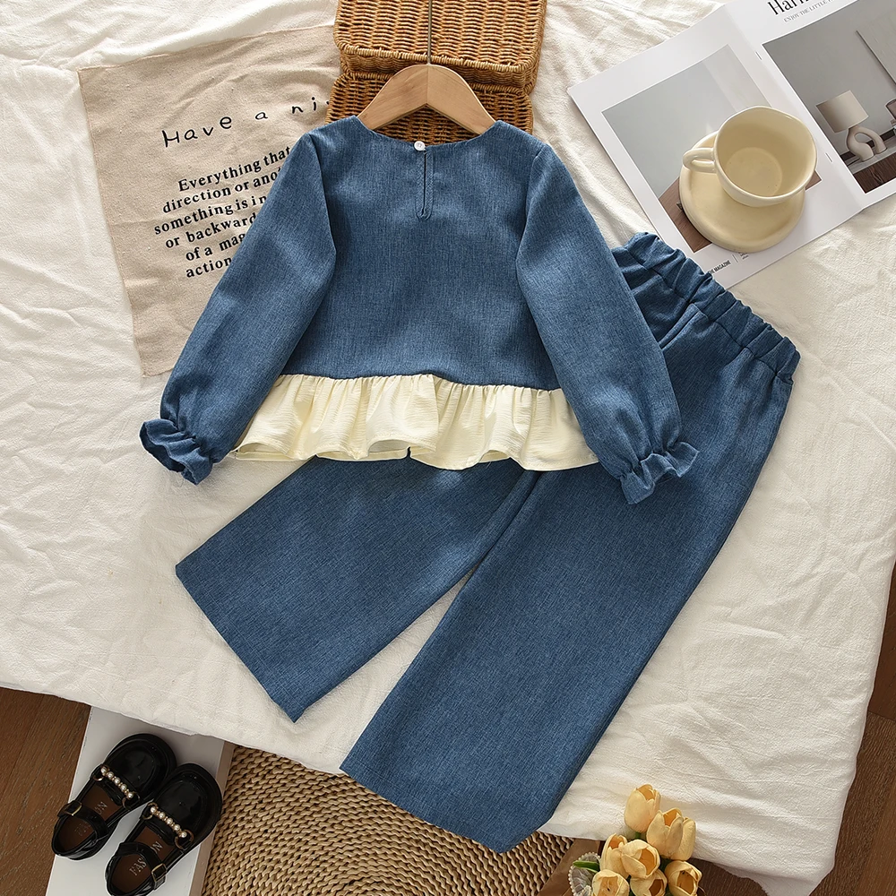 Blue Imitation Denim Casual Suit Lantern Sleeves Color Blocked Top+bow Tie Wide Leg Pants Two-piece Set for Girls 3-7 Autumn