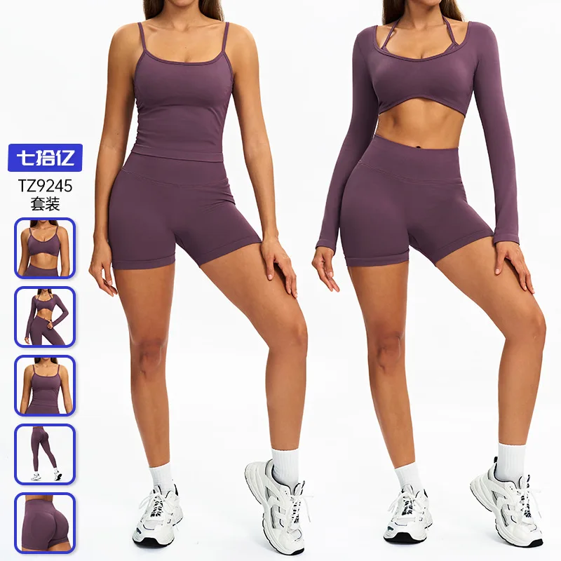 

Seamless color-blocking yoga set, hollow high-waisted fitness suit, outdoor running exercise set for women 9245