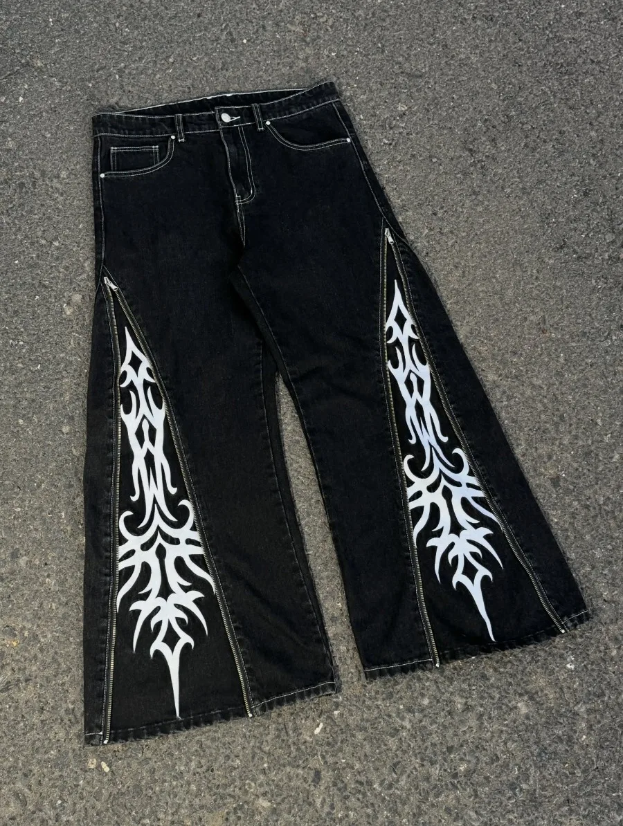 Roupas Góticas Y2K, Jeans Oversized com Zíper e Cintura Alta, Moda de Rua Americana para Homens, Calças de Perna Larga para Mulheres
