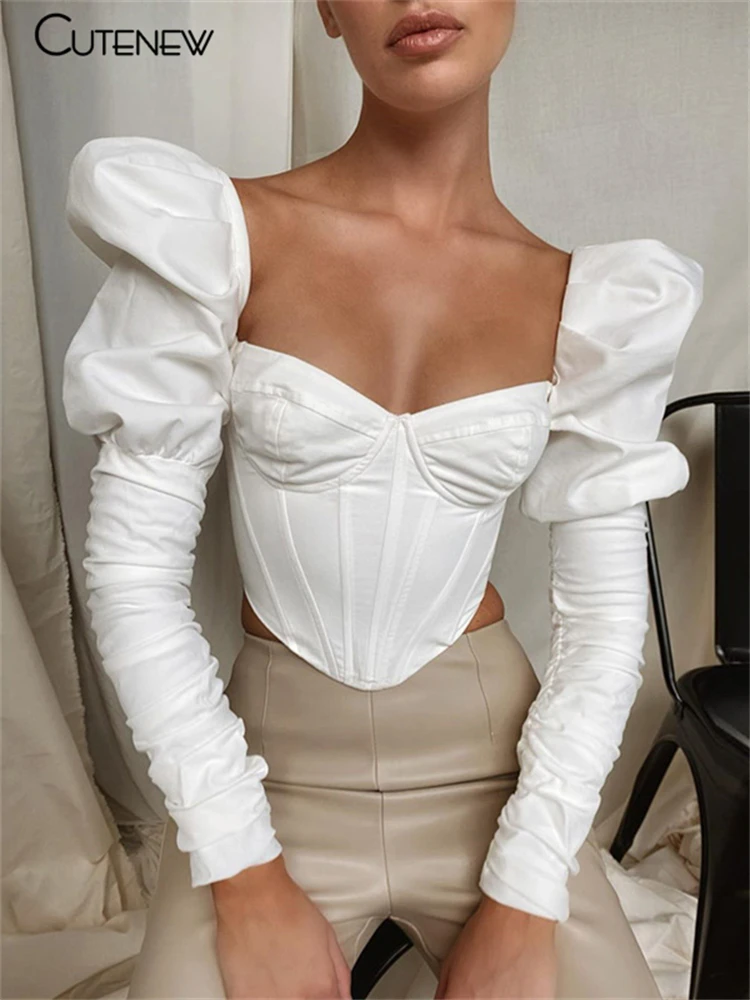 Cutenew Elegant Romantic Irregular Croped Corset Top Women Stylish Puff Sleeve Vacation Crop Top Skinny Casual Streetwear Female