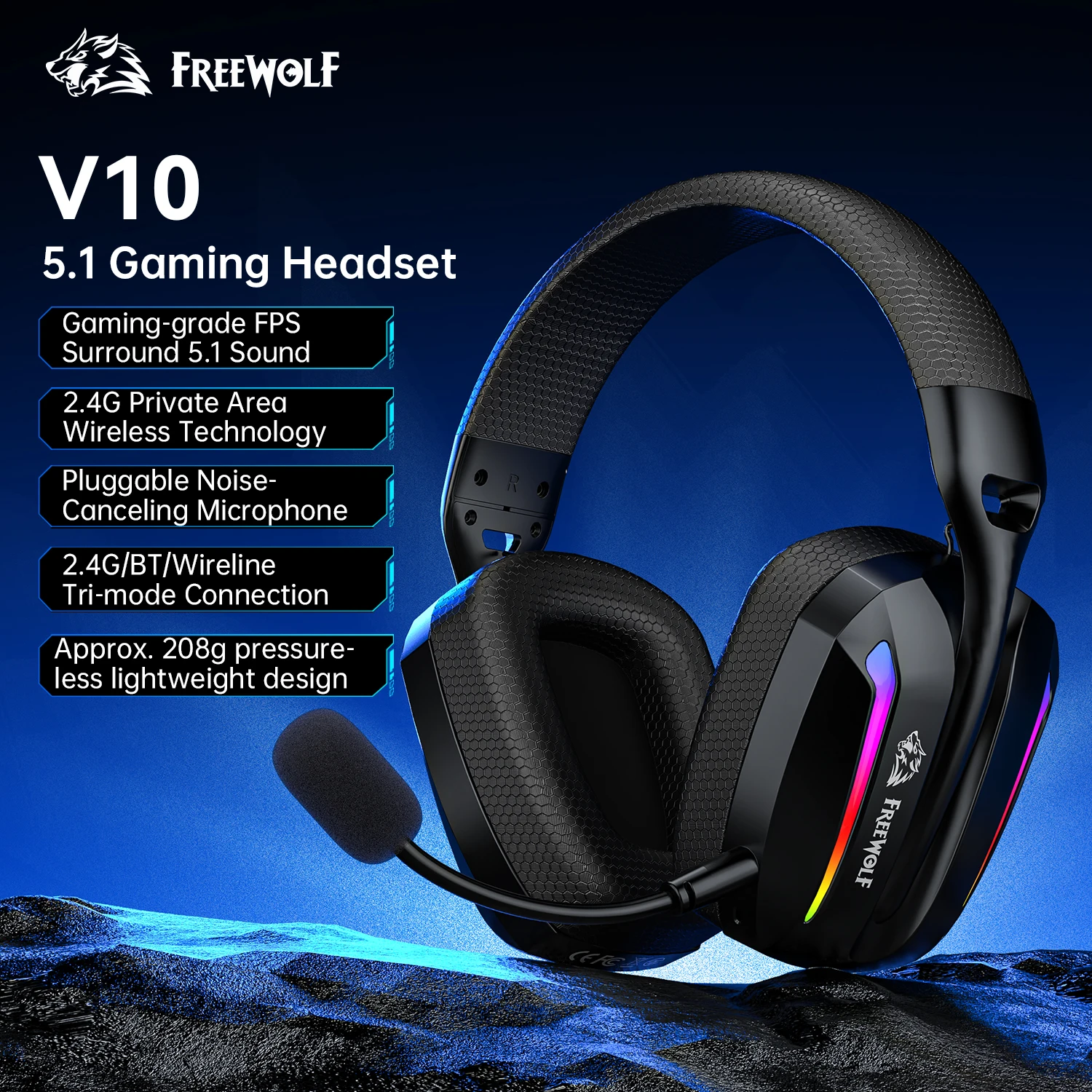 

Игровая гарнитура FREEWOLF V10, съемный микрофон и тканевые амбушюры, блокировка подвижной катушки 40 мм, симметричная декомпрессионная структура