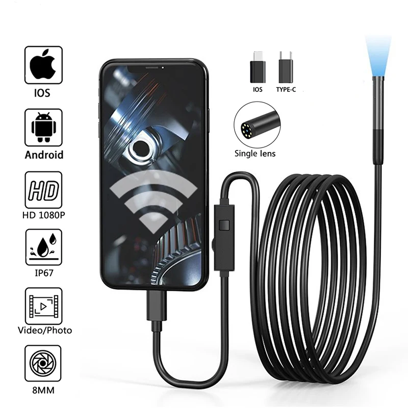 

Newest 8.0mm usB Type-C Endoscope Camera Android Pc Flexible Camera with 8LEDs Adjustable Endoscope inspection Camera 2 in 1