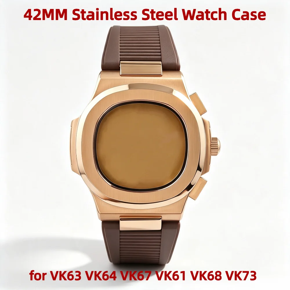 42mm Stainless Steel Rose Case with Strap Kits for VK63/VK64/VK67/VK61/VK68/VK73 Sapphire Crystal Chronograph Watch Accessories