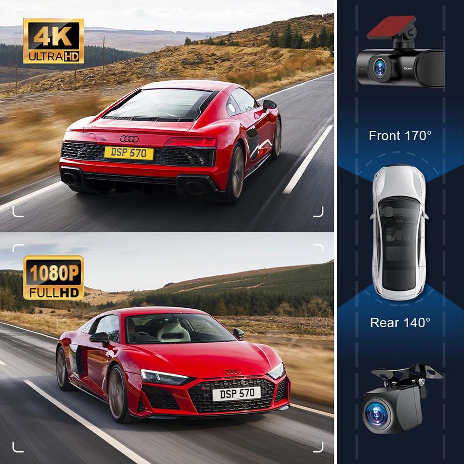 1.97 "Dash Cam 4K 2160P كاميرا DVR للسيارة دعم WIFI GPS عدسة مزدوجة محرك الفيديو مسجل Dashcam تسجيل الصندوق الأسود للرؤية الليلية