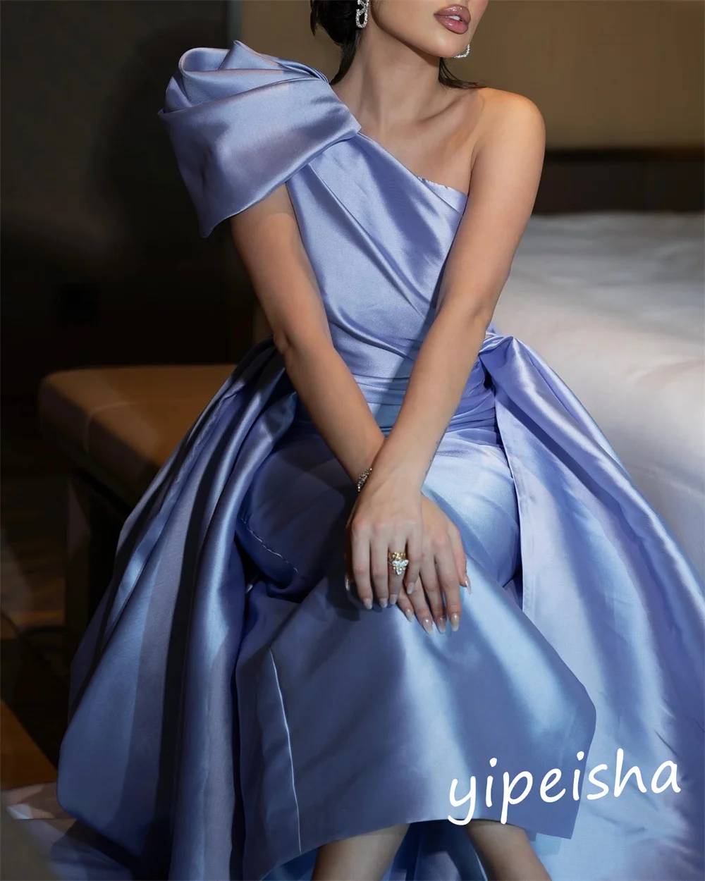 Ball Dress Saudi Arabia Prom Satin Bow Pleat Valentine's Day Column One-shoulder Bespoke Occasion Gown Long Dresses