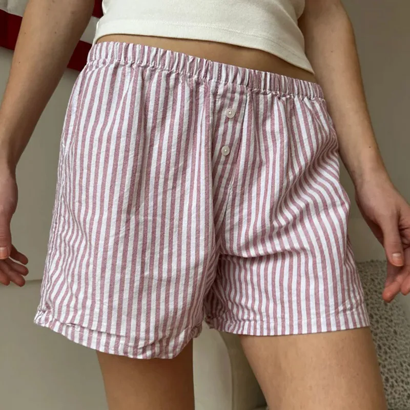 

WPNAKS Women Loose Shorts Summer Clothes Basic Casual Striped Button Elastic Shorts Sleepwear Streetwear