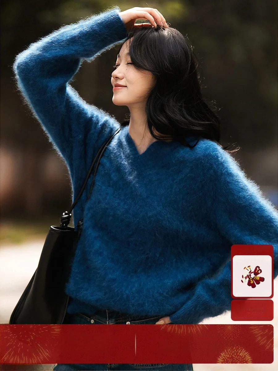 

Женский вязаный шерстяной свитер с V-образным вырезом, пушистый, мягкий, с длинными рукавами, теплый, повседневный, модный