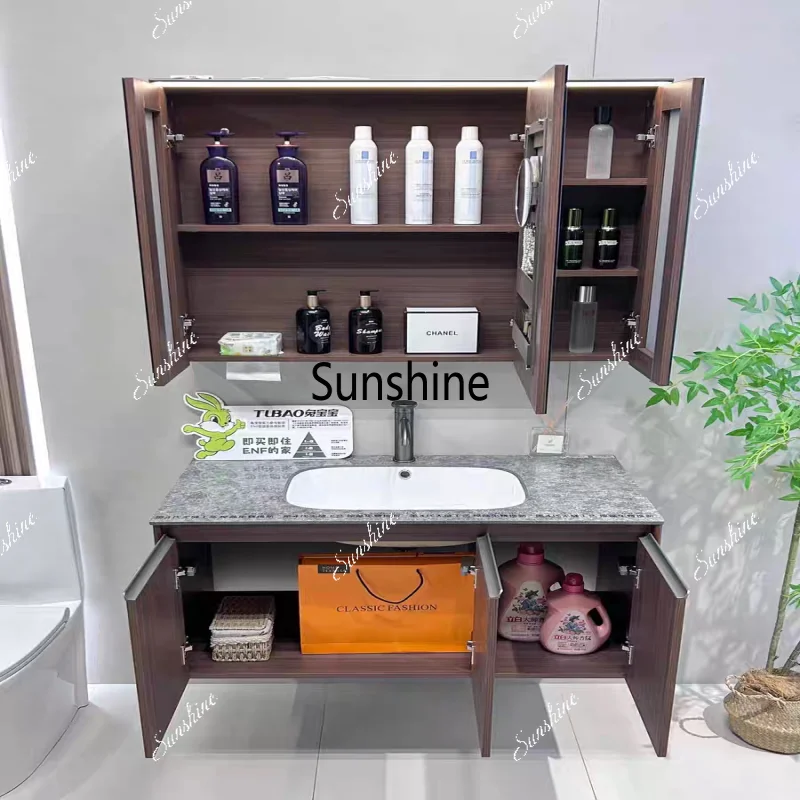 Medieval style bathroom cabinet combination light luxury rock slab bathroom solid wood washing table