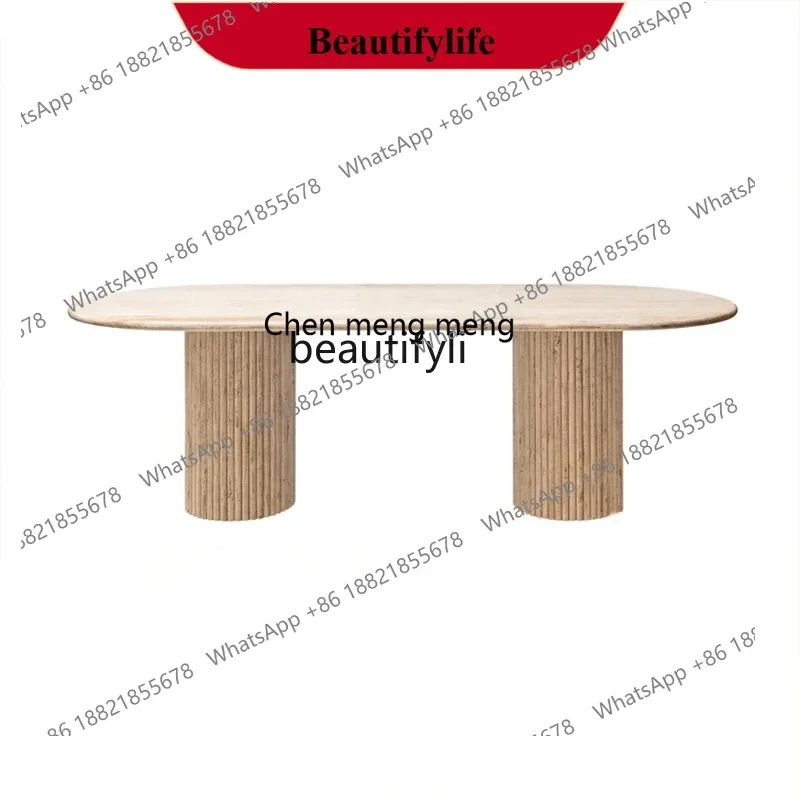 

D178 H Wabi Sandy Minimalist Designer Rectangle Natural Roman Travertine Dining Table Household Long Table