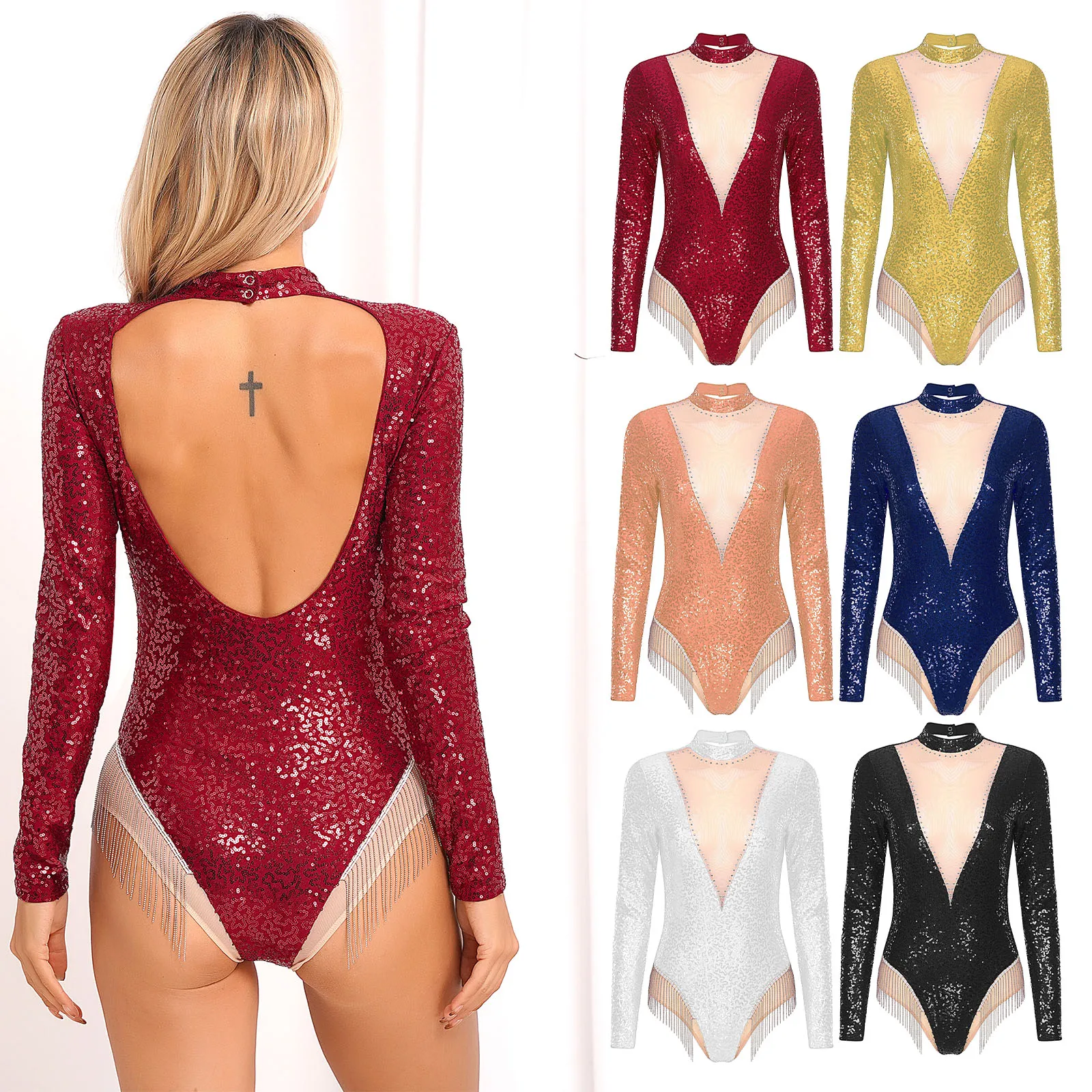 Women Latin Dance Leotard Jazz Cha-cha Skating Performance Costume Long Sleeve Shiny Sequin Tassel Sheer Mesh Patchwork Bodysuit