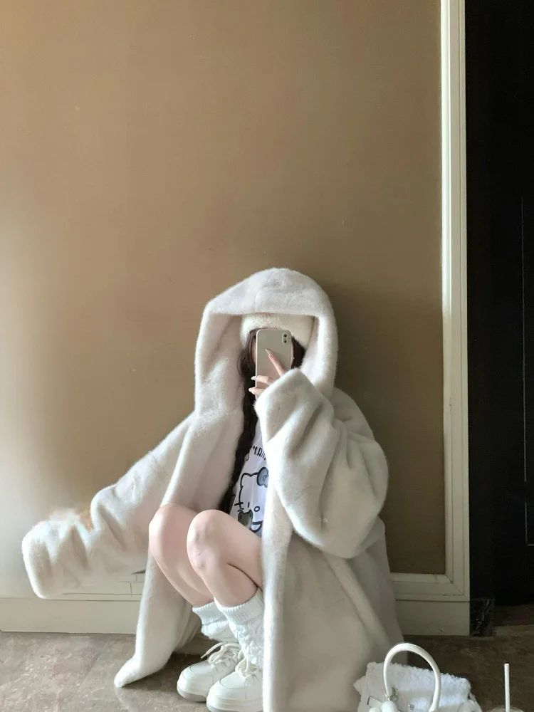 

Korean Sle Thi Plu Hooded Eco-Friendly Fur Jaet Women's Warm Lazy Aosphere Casual Fur Coat Stand Fit Commute Sle