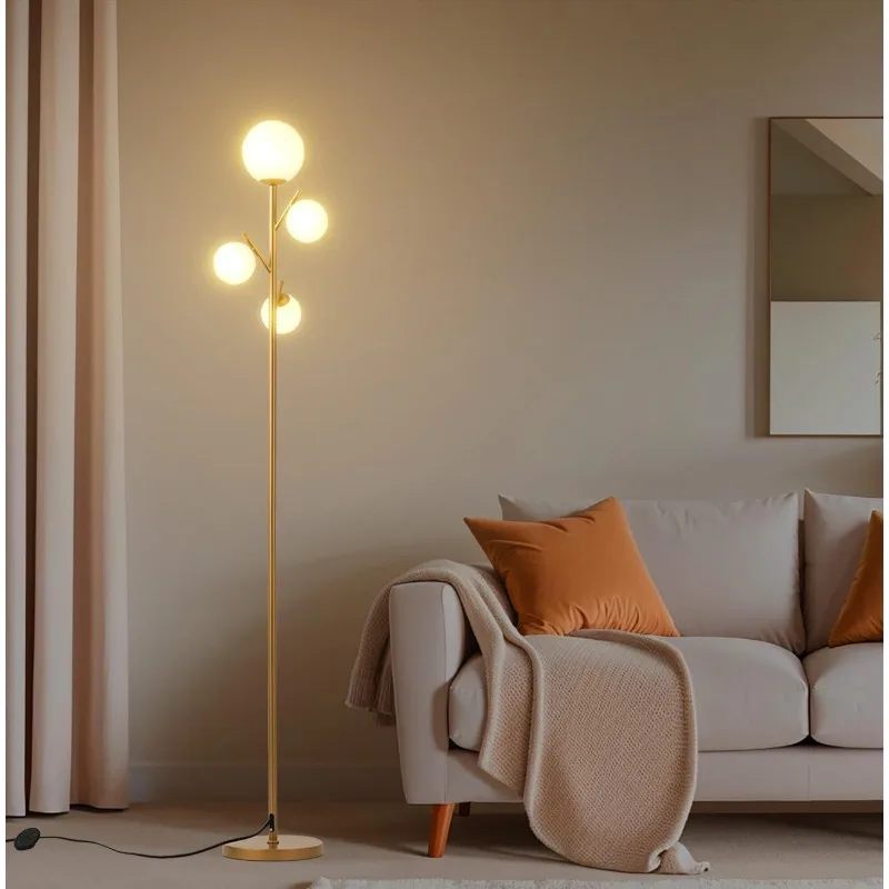 4 Globe Modern Floor Lamp, Mid Century Contemporary Black Standing Lamp with Frosted Orb Glass Shade