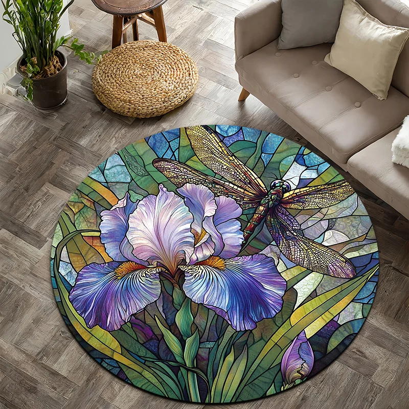 Iris Dragonfly Style Flannel-printed round floor mats are slip-resistant Suitable for living room bedroom terrace garden carpets