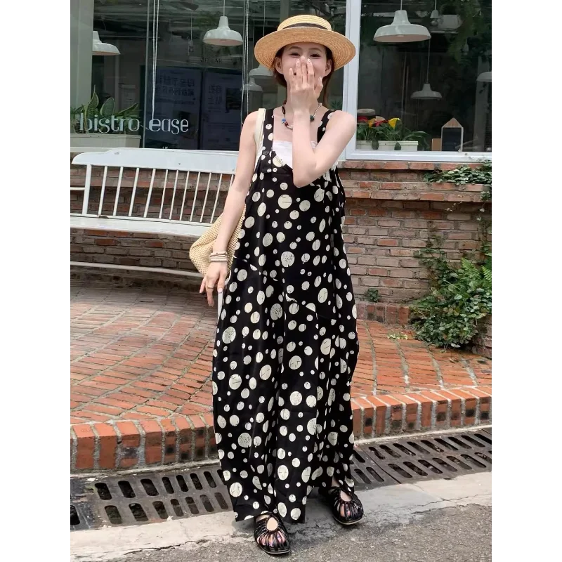 

Retro Polka-dot Suspenders Wide-leg Women's New Loose Casual Lazy Style V-neck Suspender Jumpsuit