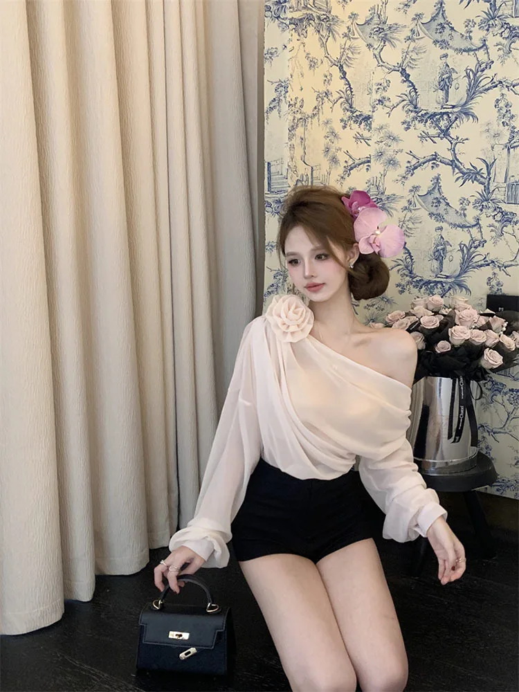 Long Sleeved Off Shoulder Chiffon Tops Women Spring 3D Flower Slim Y2k Shirts French Sweet Spicy Girl All Match Blouses