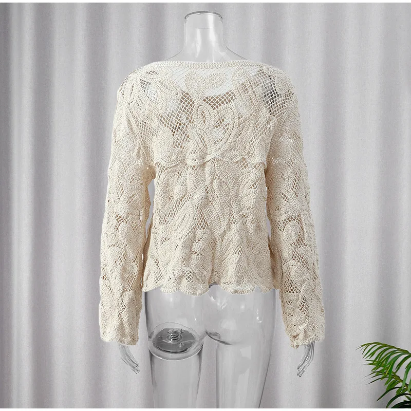 Women's Knit Shirt Cut-out Long Sleeve  O Neck Button Elegant 2024 Summer Vintage