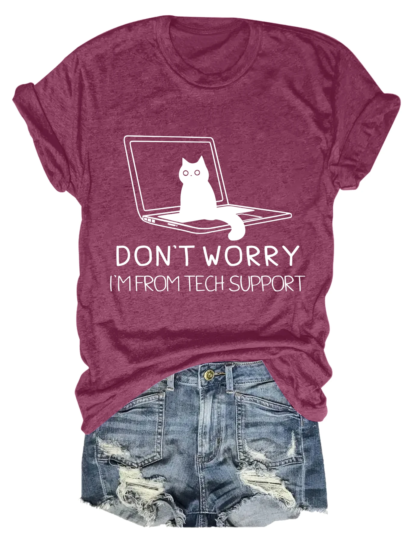 

Plus size women's short sleeve T-shirt Cat On Laptop Tech Support breathable fabric summer outfit women's clothing
