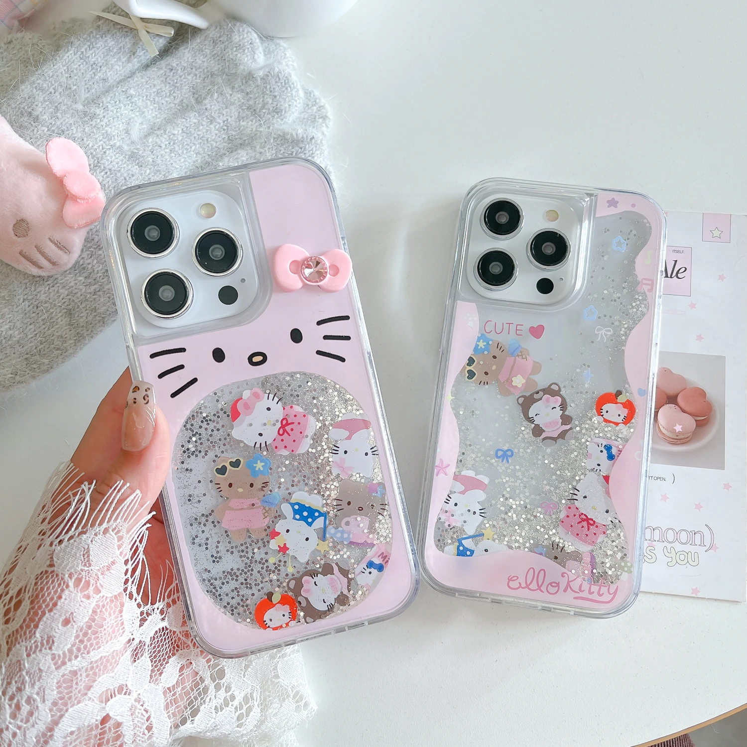 

Luxury Cartoon Cute Hello Kitty Bear Liquid Quicksand Bling Glitter Phone Case For iPhone 15 Pro 12 13 14 15 16 Pro Max KT Cover