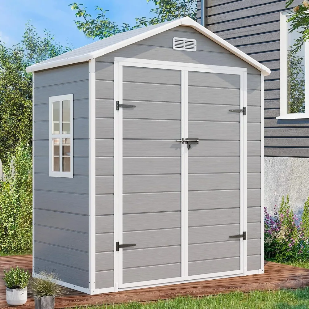 6x3 FT Resin Storage Shed, Waterproof Outdoor Storage Shed with Floor, Window, Double Lockable Doors & 2 Vents, Tool Sheds