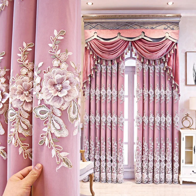 Custom American embroidery pink cloth blackout curtain tulle valance drape C1264