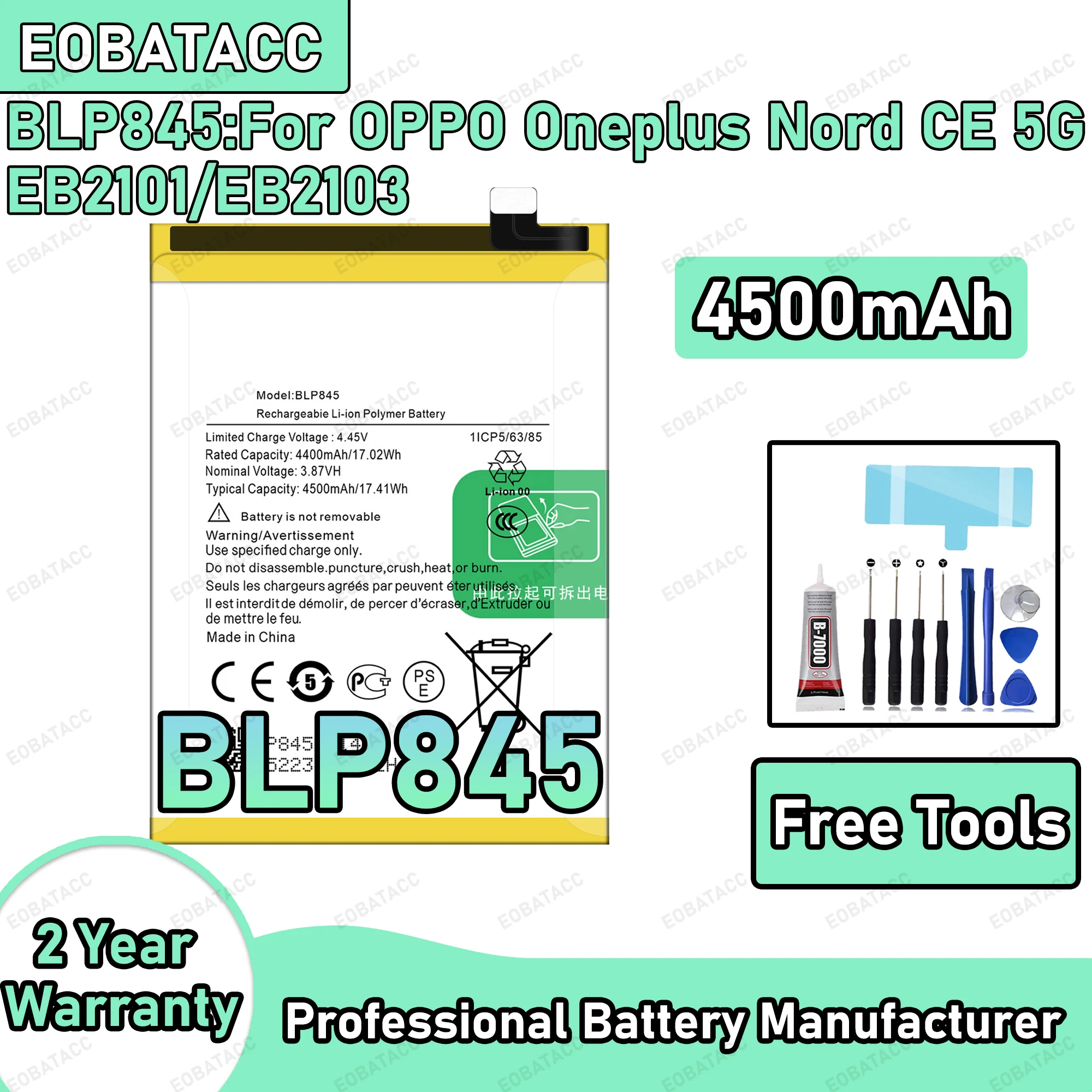 

4500mAh 100% New BLP845 Battery For OPPO Oneplus Nord CE 5G Replacement Bateria+Free Tools