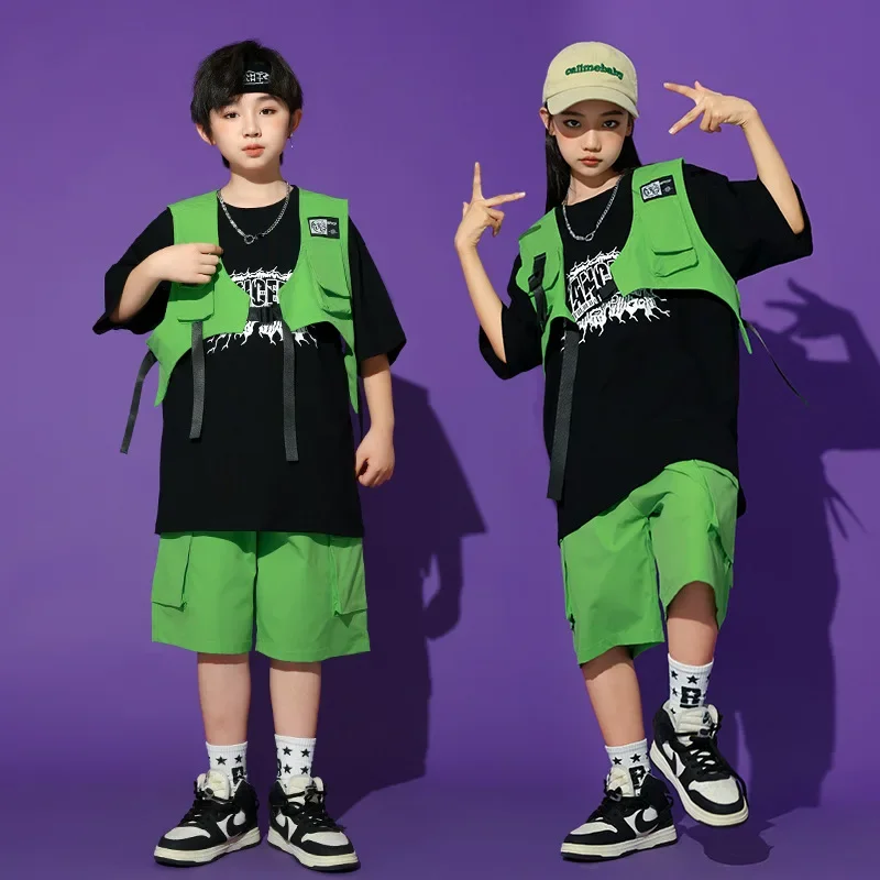 Kinder Hip Hop Sets Schwarzes T-shirt Grüne Weste Shorts für Jungen Mädchen K-pop Street Dance Kleidung Jazz Kostüm Kinder streetwear