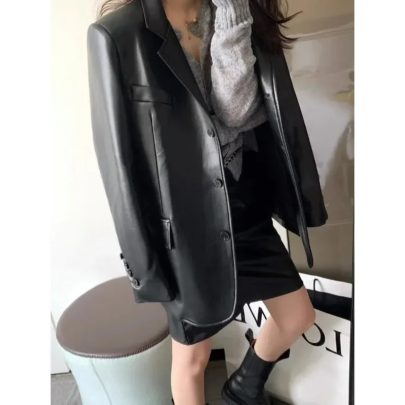 Insozkdg Women Autumn New American Leather Blazer Suit Jackets Retro Casual Solid Color Loose Leather Suit Jacket Women Clothing