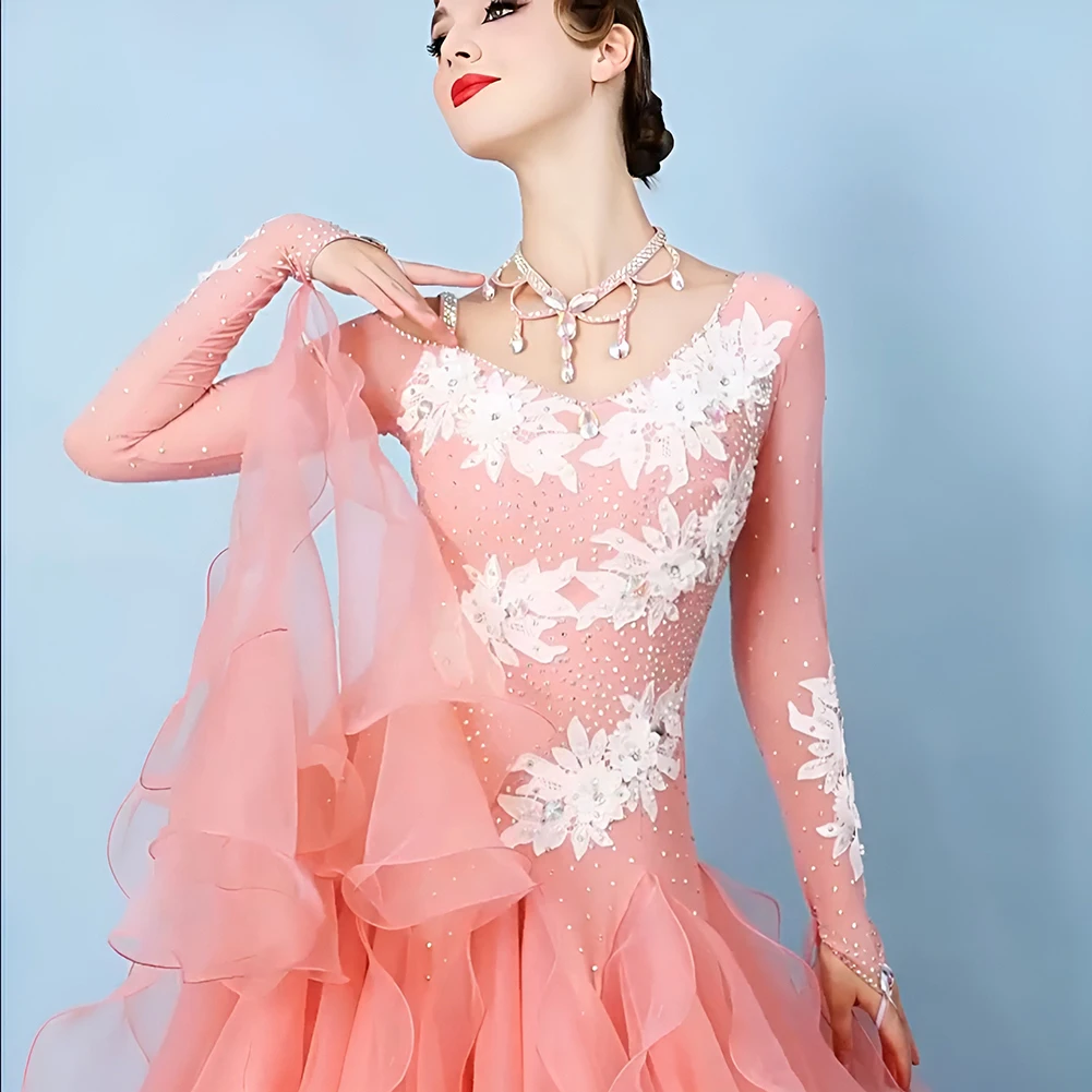 Decal Ballroom Championship High-end Flamenco กระโปรง Rhinestone สีชมพูฝึกเต้นรําชุดแขนยาวชุดเต้นรํา