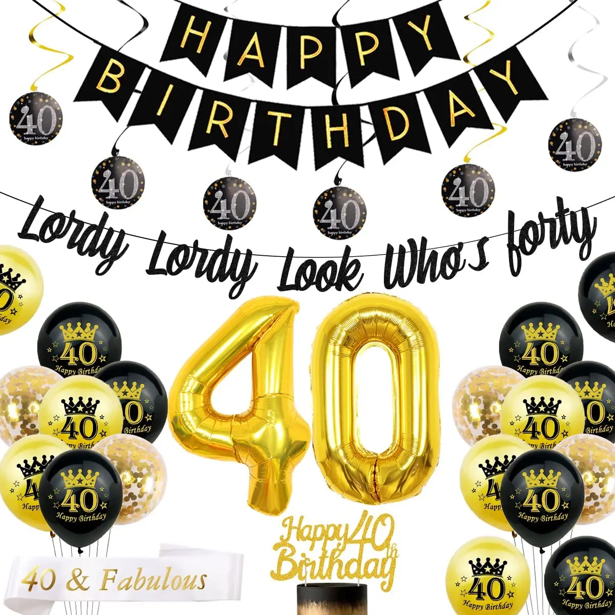 

Black Gold 40th Birthday Decorations for Women Men Lordy Lordy Look Who's Forty Banner 40 Years Old Birthday Party Supplies