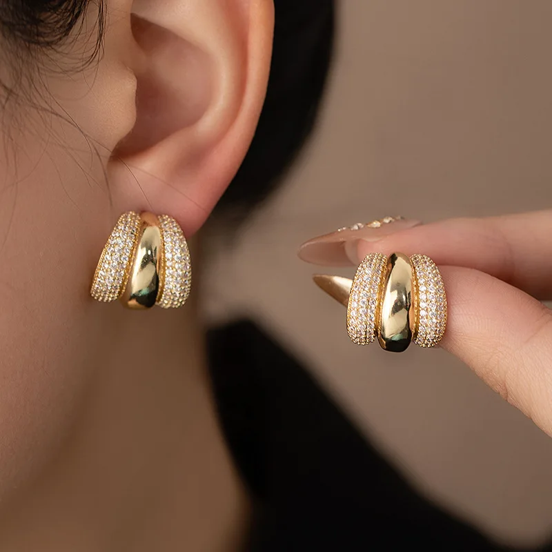 

Trendy C Shape Three Prong Inlaid Zircon Earring Female Stylish All-match Elegant Luxury High-grade Ear Studs Party Jewelry Gift