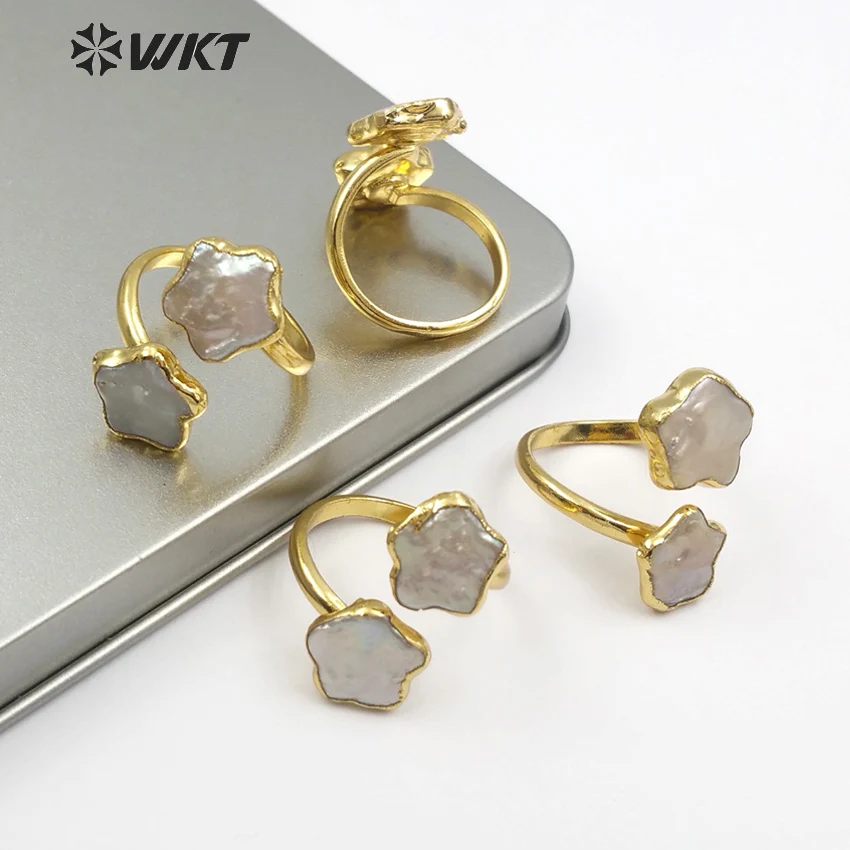 WT-R327 WKT Wholesale 10pcs/lot freshwater pearl women rings double charm with gold rimmed in flower shape boho style jewelry
