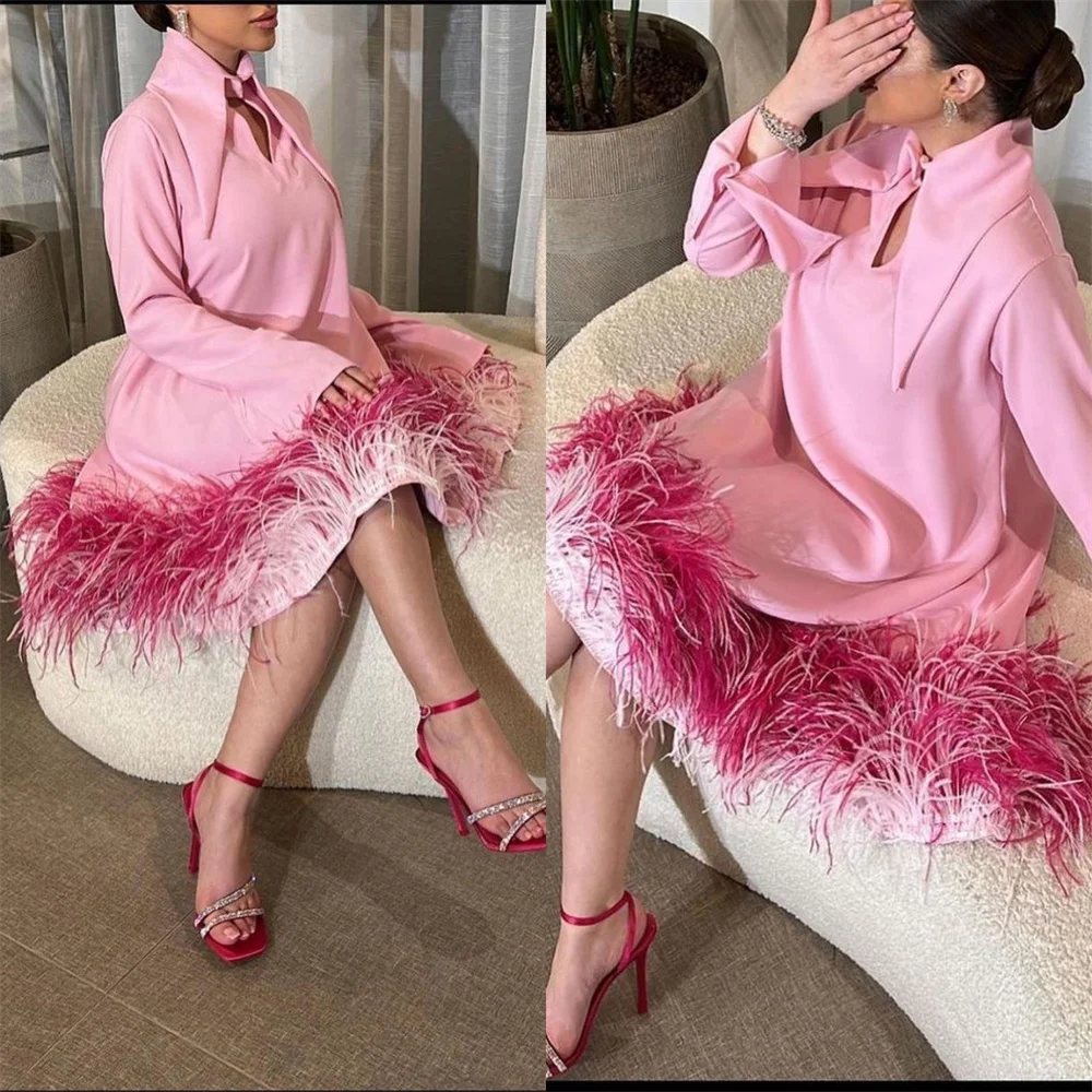 Jiayigong  Jersey Feather Ruched Homecoming A-line High Collar Bespoke Occasion Gown Midi Dresses Sexy Casual 