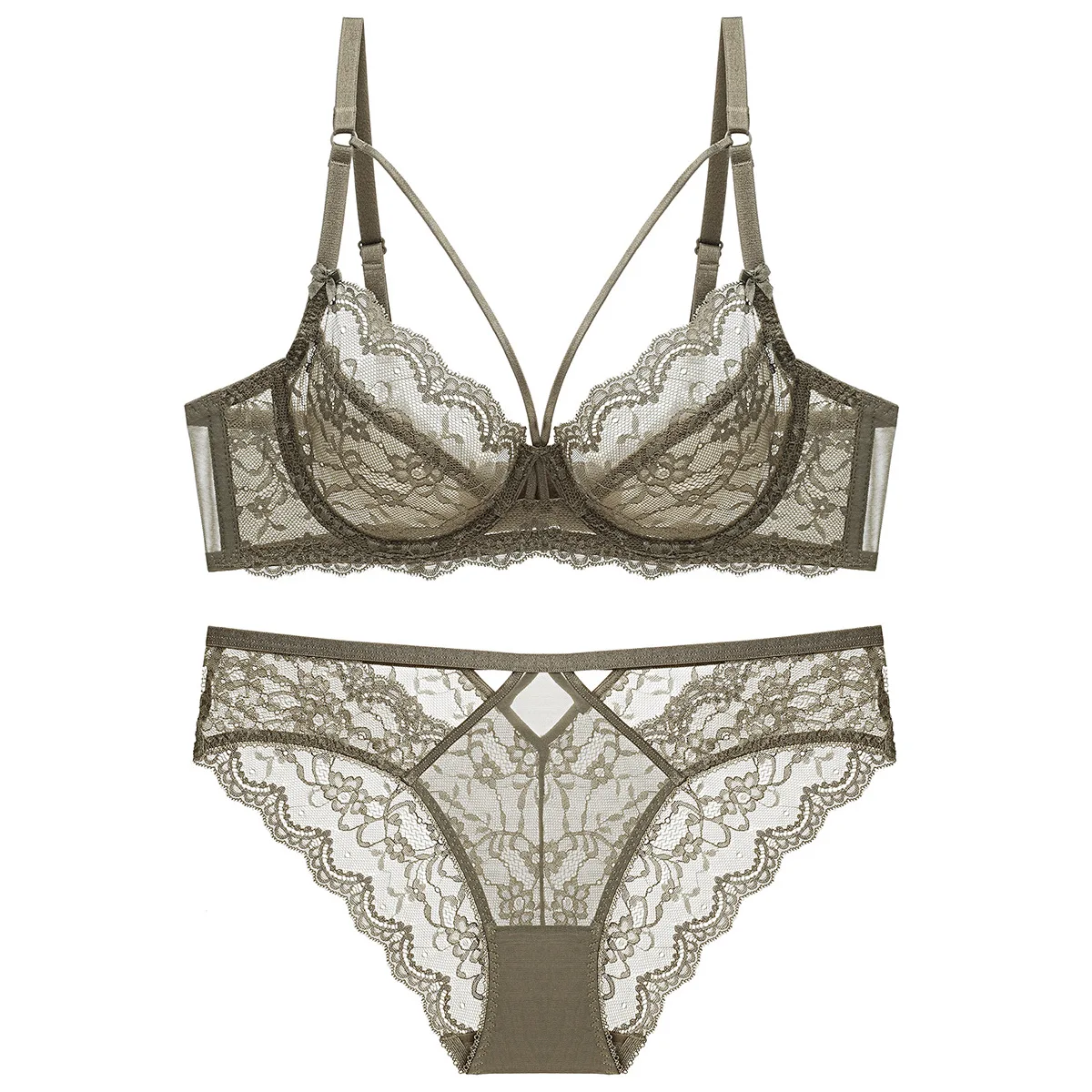 

Solid Lace Lingerie Bra & Brief Sets Summer Women's Transparent Hollow Out Top Thin Cotton Sweet Soft Underwire Underwear Set