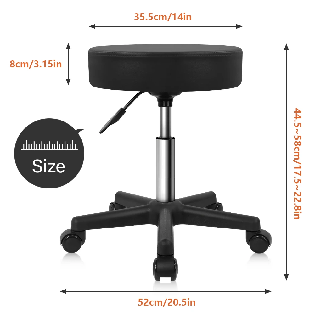 KKTONER Round Rolling Stool PU Leather Height Adjustable Swivel Drafting Work SPA Salon Stools with Wheels Black