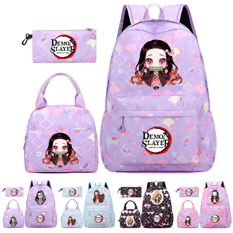 

3 шт./компл. рюкзак «Убийца демонов» для девочек, школьный подростковый студенческий рюкзак, женский рюкзак с сумками для обеда, сумка-карандаш, стиль рыбьей чешуи