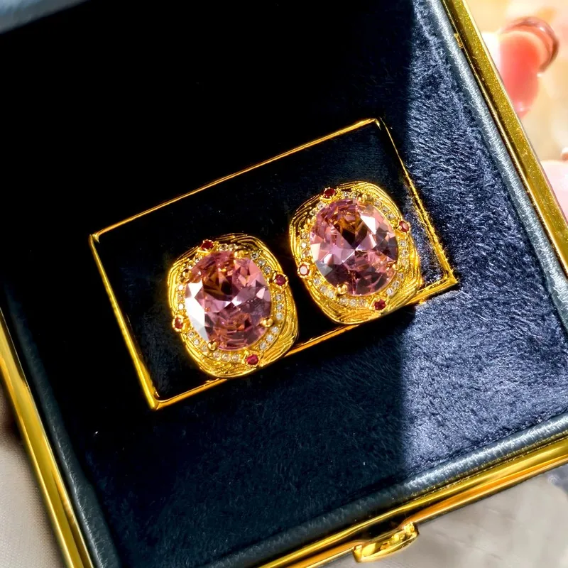 Italian retro oval pink diamond 18K gold style pendant earrings and ring, fashionable jewelry for ladies, high quality