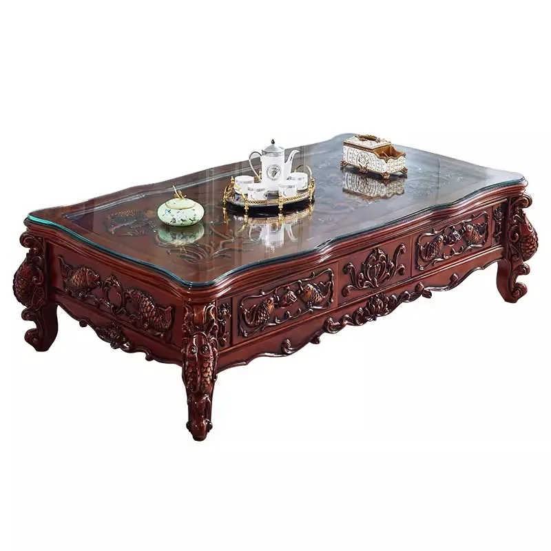 

Coffee table solid wood annual fish carp carved marble TV cabinet combination high-end