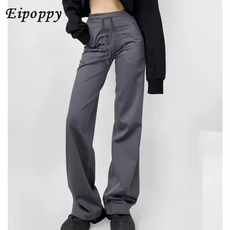 Hot Girl Sexy High Waist Drawstring Lace-up Yoga Straight-Leg Pants Autumn and Winter Solid Color Fleece-Lined Wide-Leg Trousers