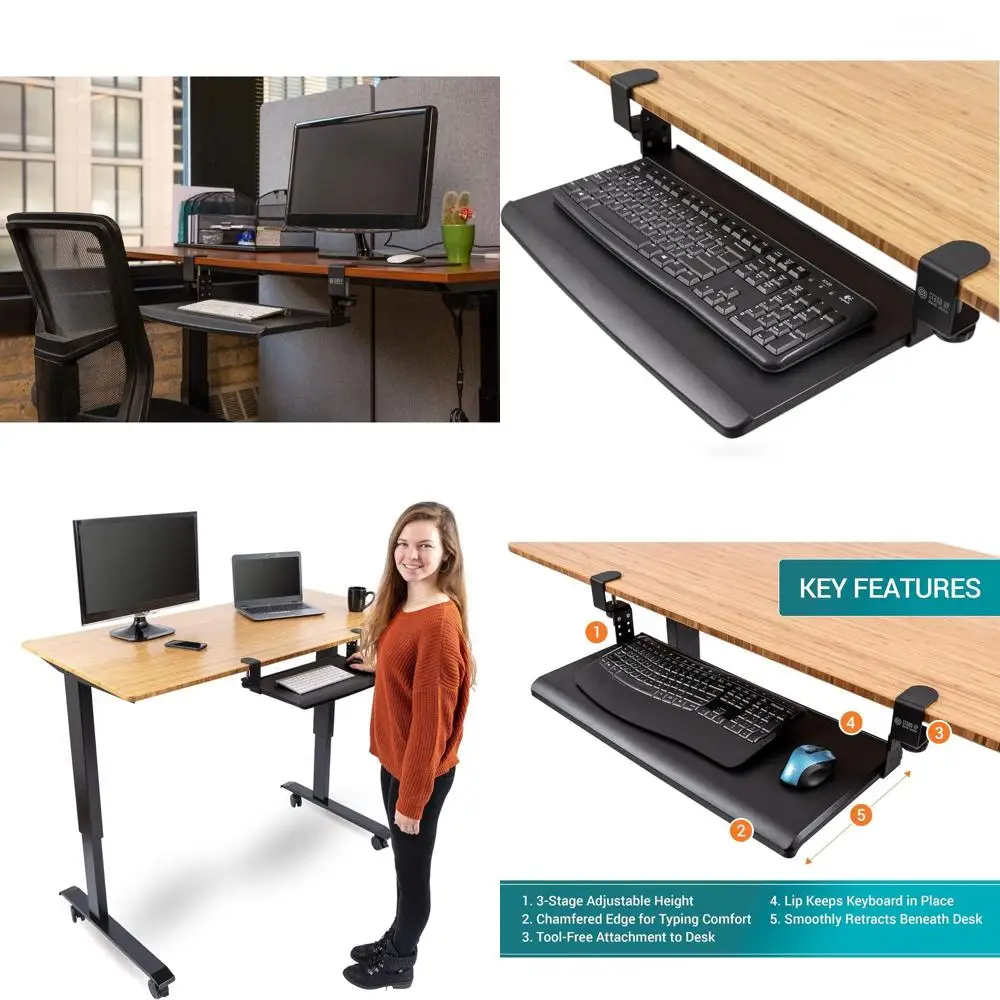

Compact Adjustable Height Clamp-On Keyboard Tray for Desks up to 1.5 Thick, 24.5 Wide