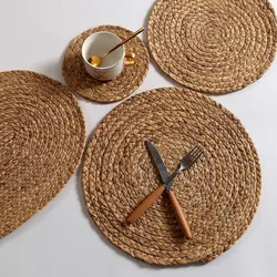 Round Table Mat Woven Straw Braided Placemats Anti Slip Dining Table Mats Non-Slip Tableware Bowl Pads Kitchen Drink Cup Coaster