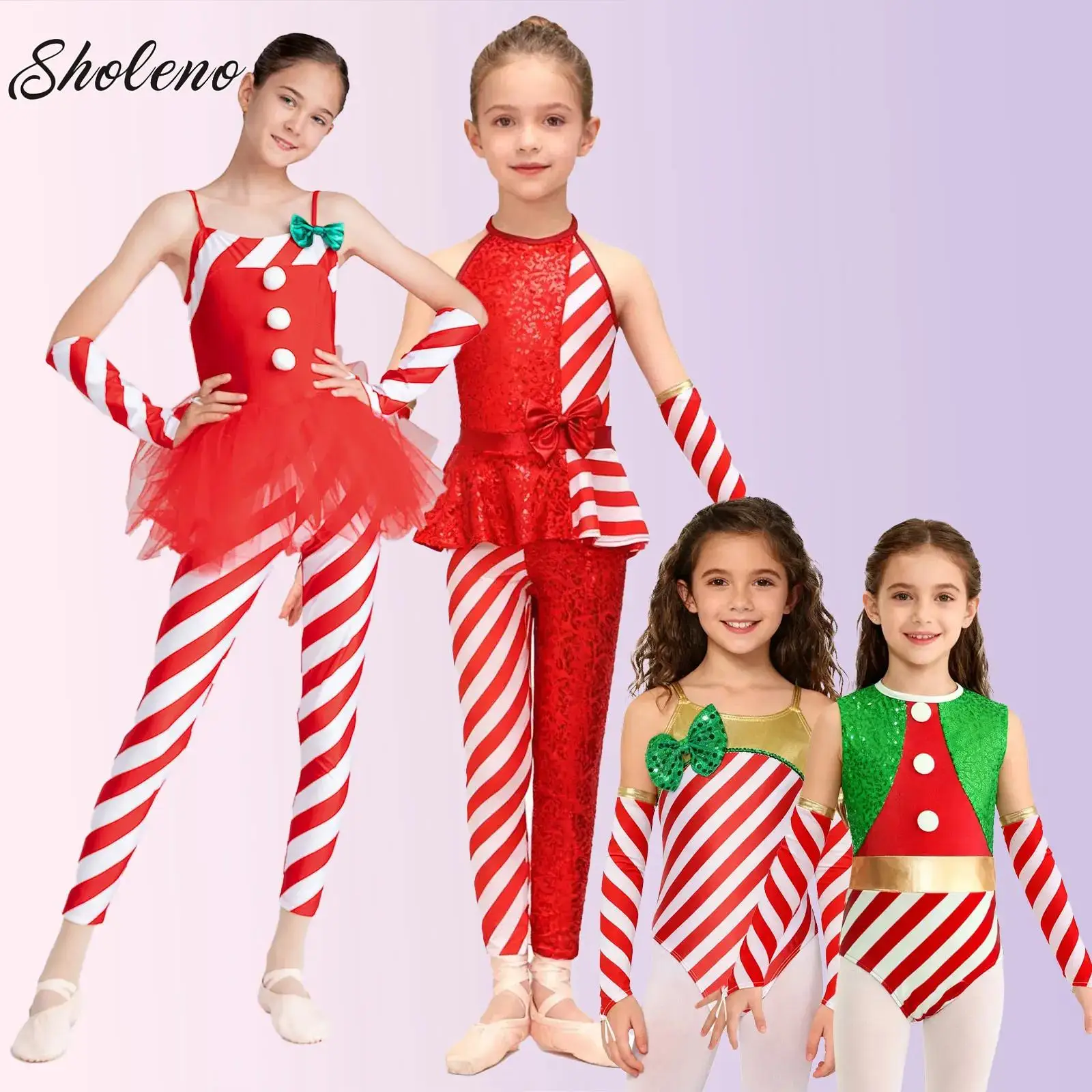 

Kid Girl Candy Cane Christmas Dance Bodysuit Sleeveless Jumpsuit Unitard Tulle Peplum Xmas Party Ballet Dance Skating Dancewear