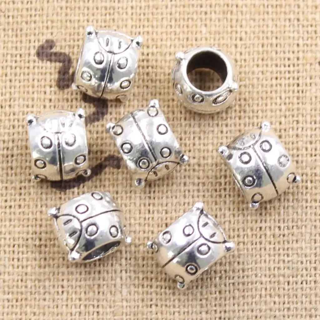 20pcs 10x9x7mm Ladybug Bug Beatles 5mm Big Hole Antique Silver Color Beads Charms Fits Diy Charms Bracelet Jewelry Beads