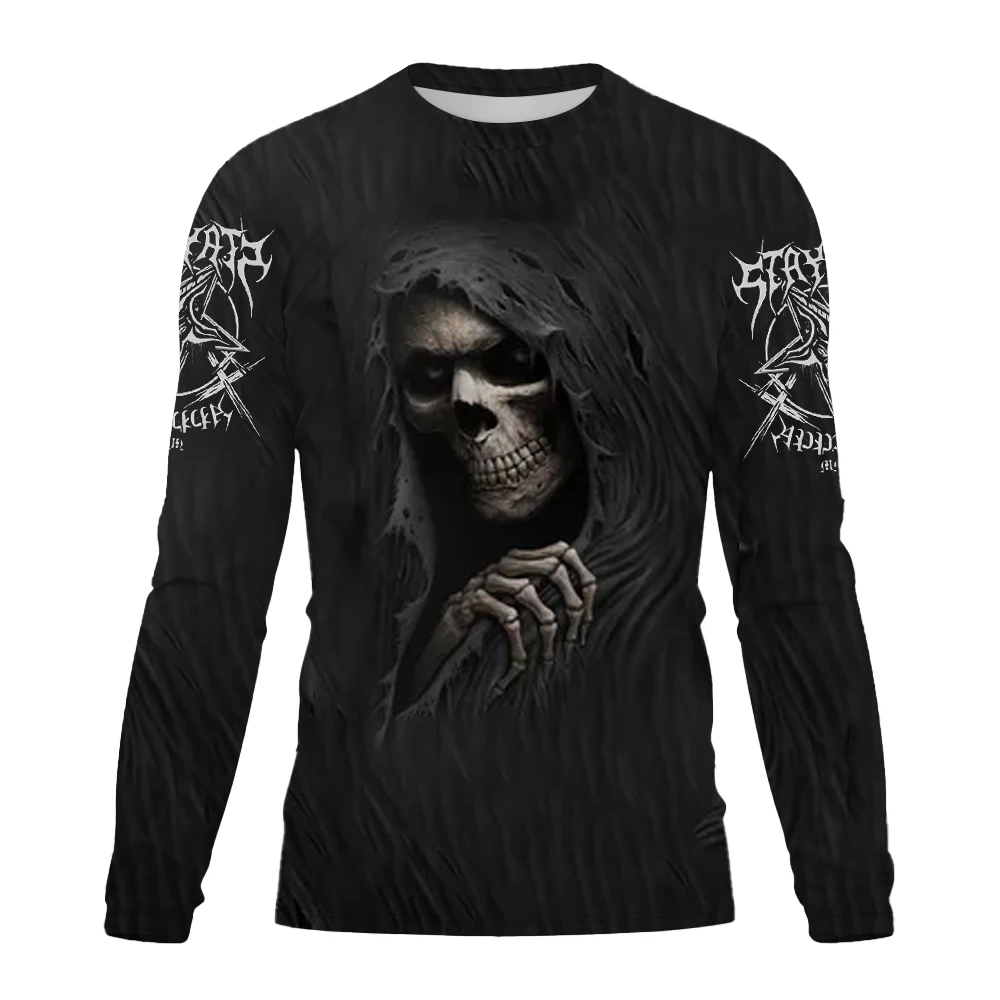 New Men's Round Neck T Shirt With 3D Skull Pattern Printed Sweatshirt Long sleeved Fashionable Casual Loose Fitting Men Clothing