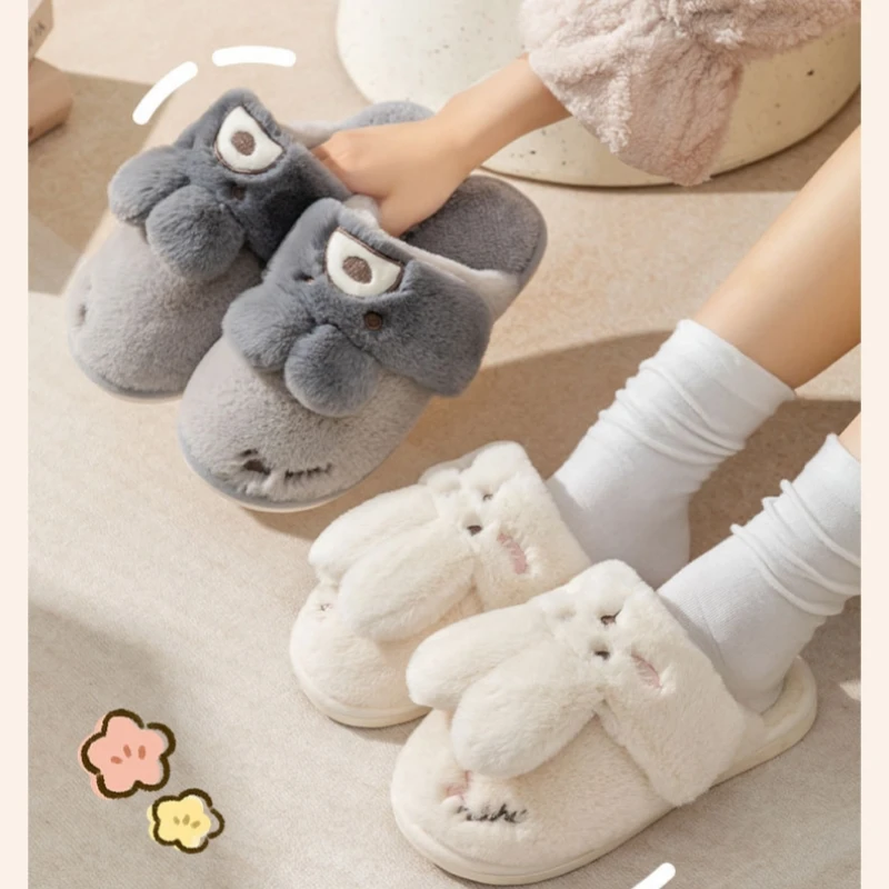 Women Winter Warm Slippers Men Cartoon Rabbit Furry Thick Soled Slides Couples Home Cotton Sandals Adult Non-Slip Faux Fur Shoes